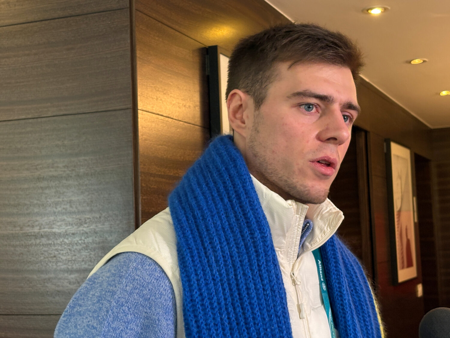 Ukrainian skeleton athlete Vladyslav Heraskevych speaks to the media amid an ongoing appeal hearing...