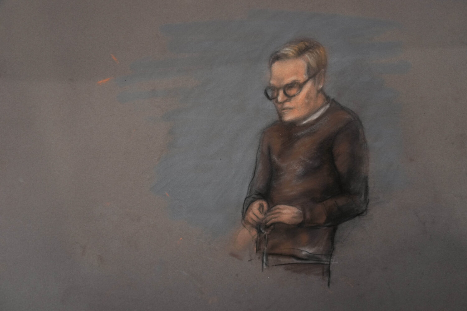 A court sketch of Marius Borg Hoiby during the first day of the trial against him, which is taking ...