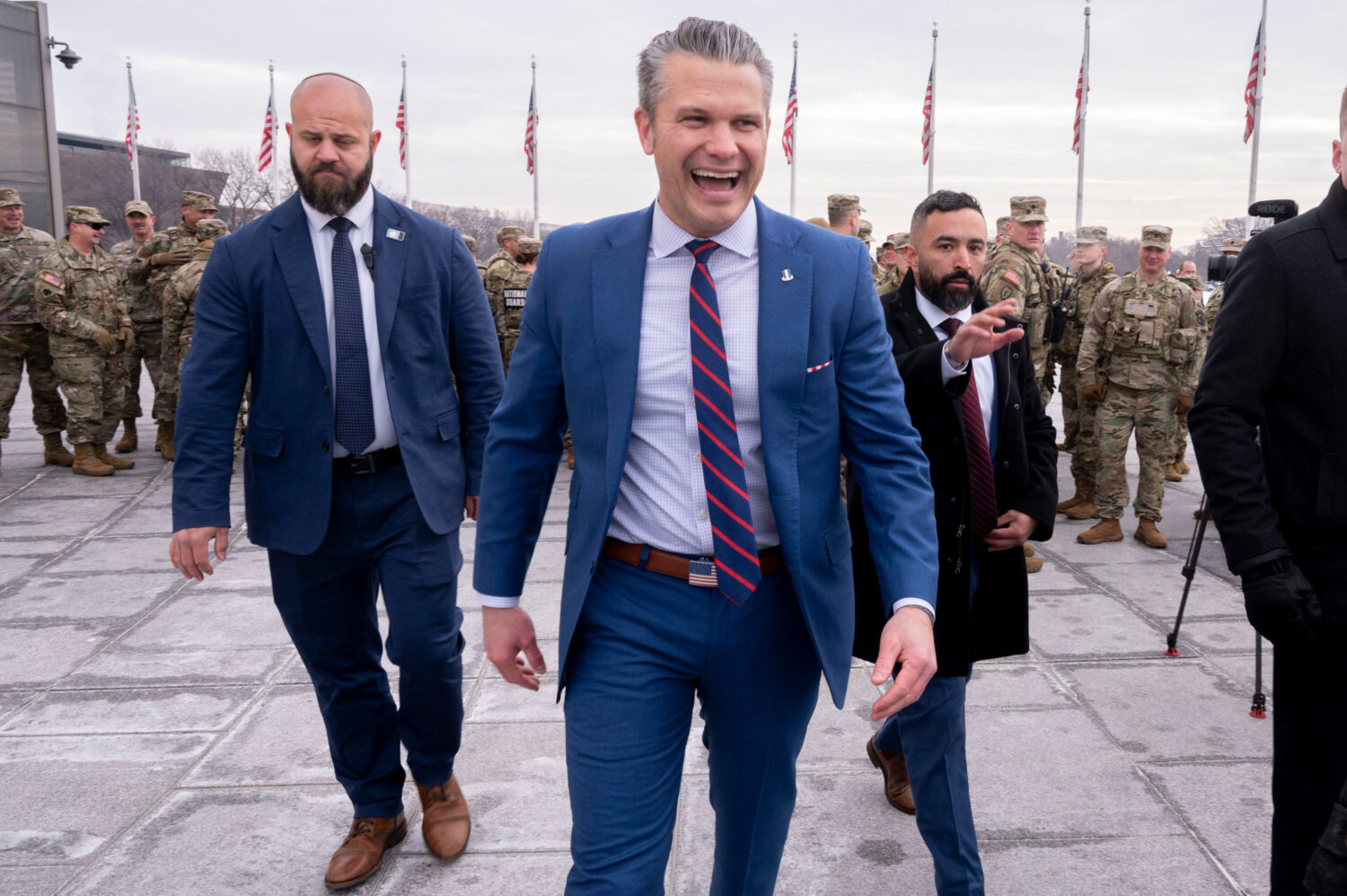 Defense Secretary Pete Hegseth leaves an oath of enlistment ceremony, Friday, Feb. 6, 2026, held on...