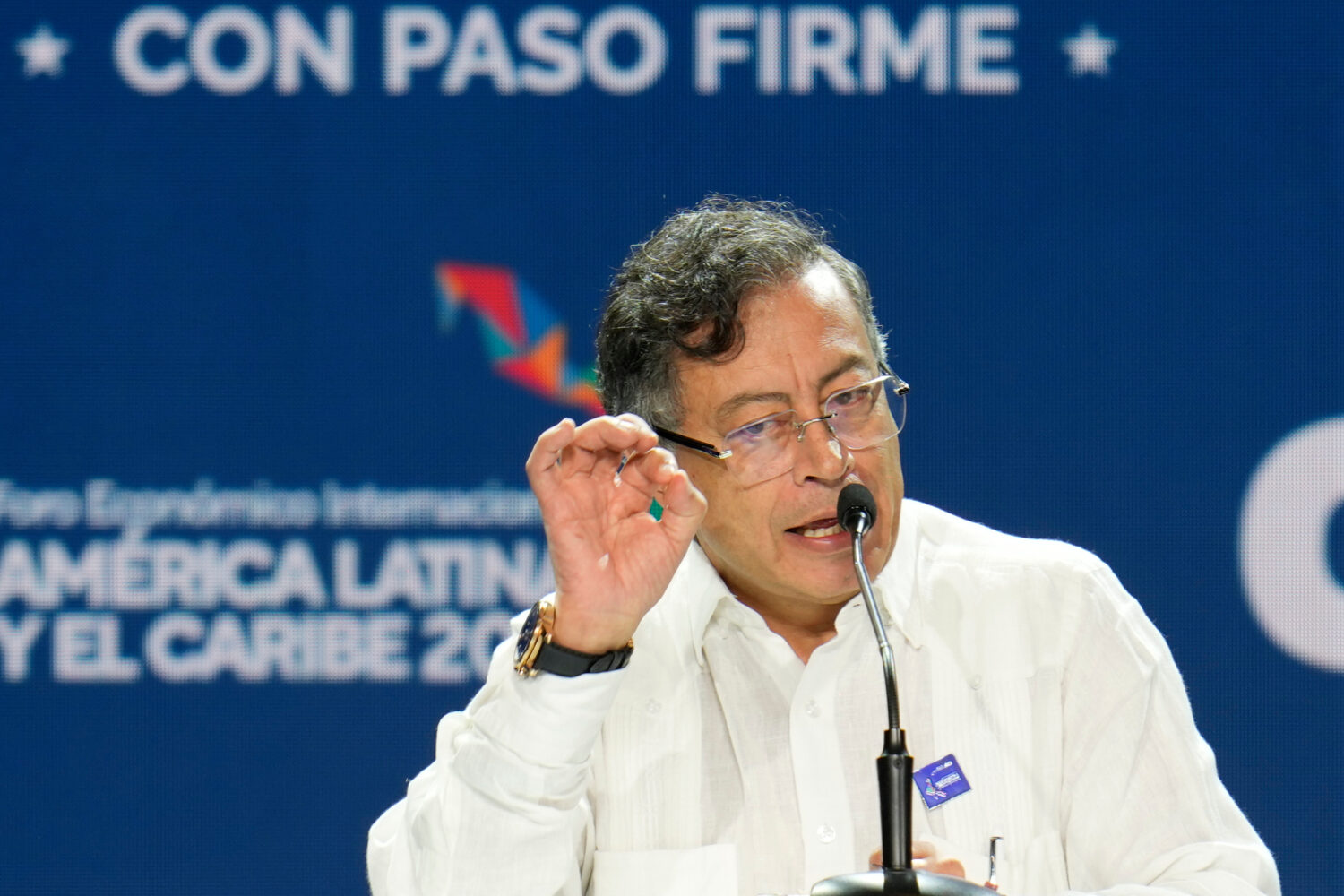Colombian President Gustavo Petro speaks during an economic forum organized by the Development Bank...