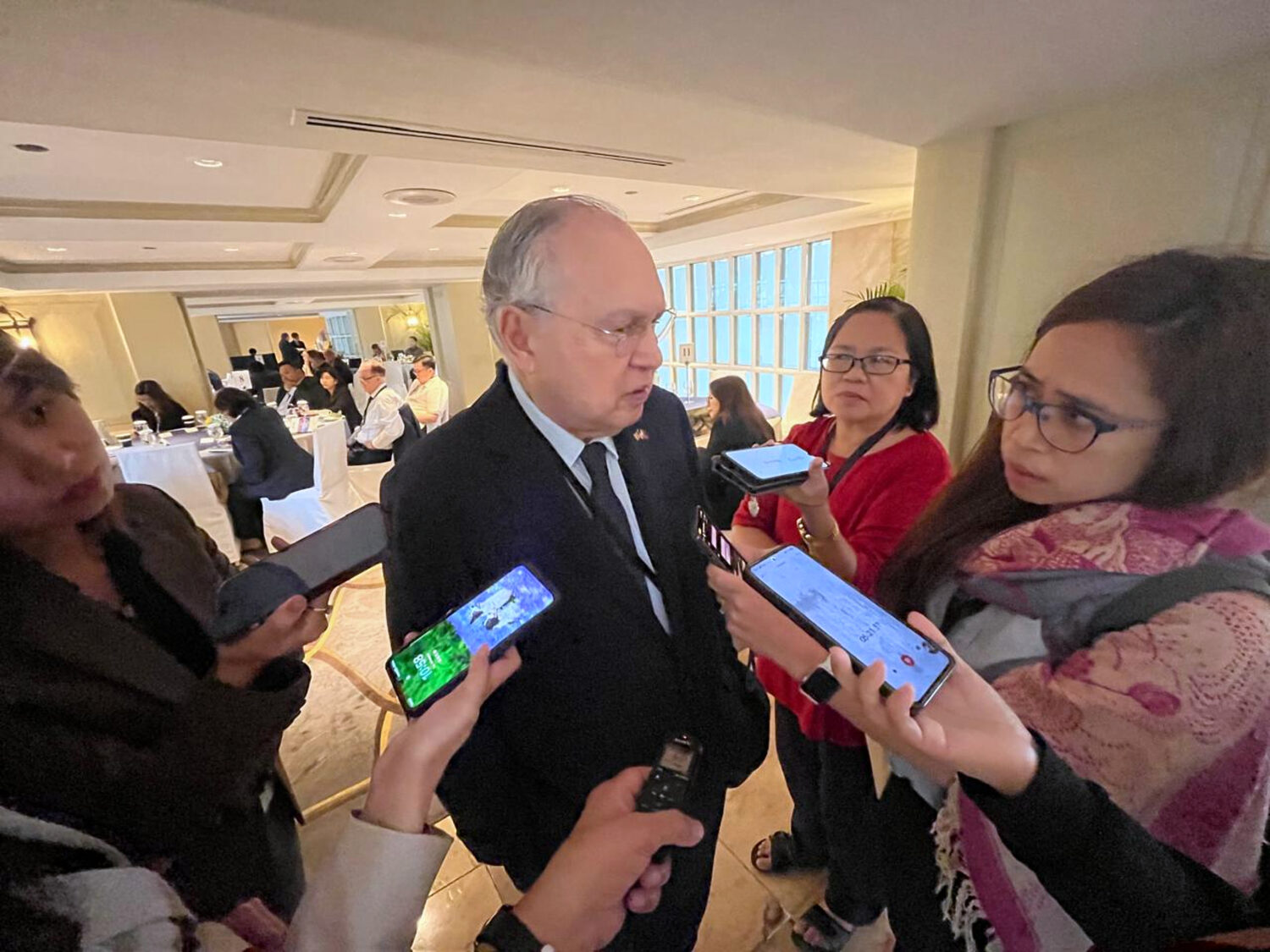 Philippine Ambassador to Washington Jose Manuel Romualdez answers questions from reporters in Manil...