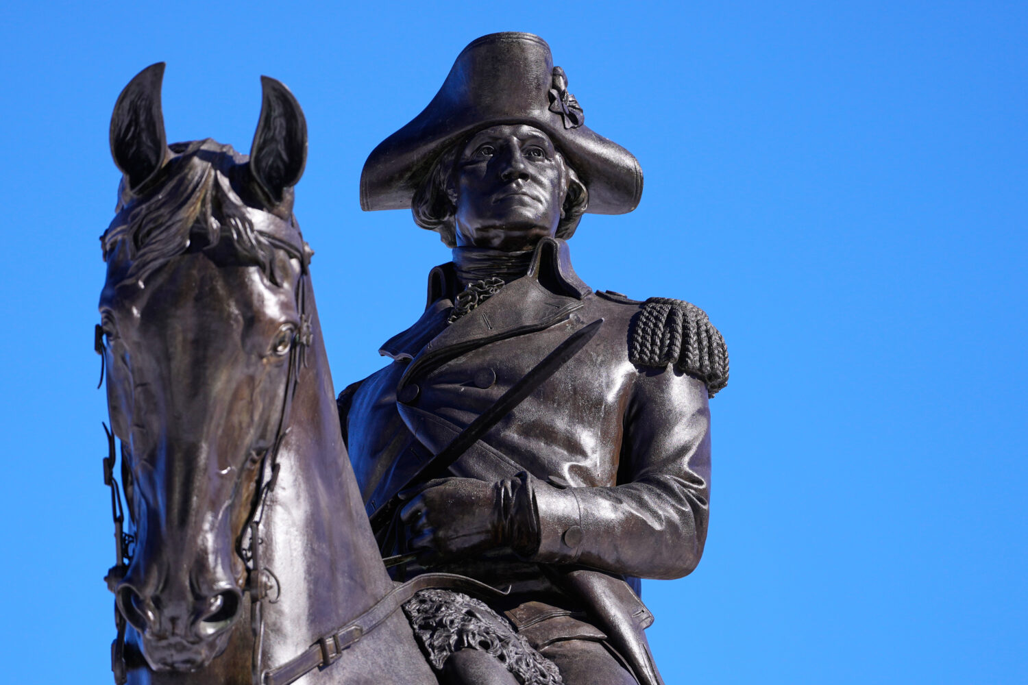 A statue of George Washington on horseback is displayed at the Public Garden, Friday, Feb. 13, 2026...