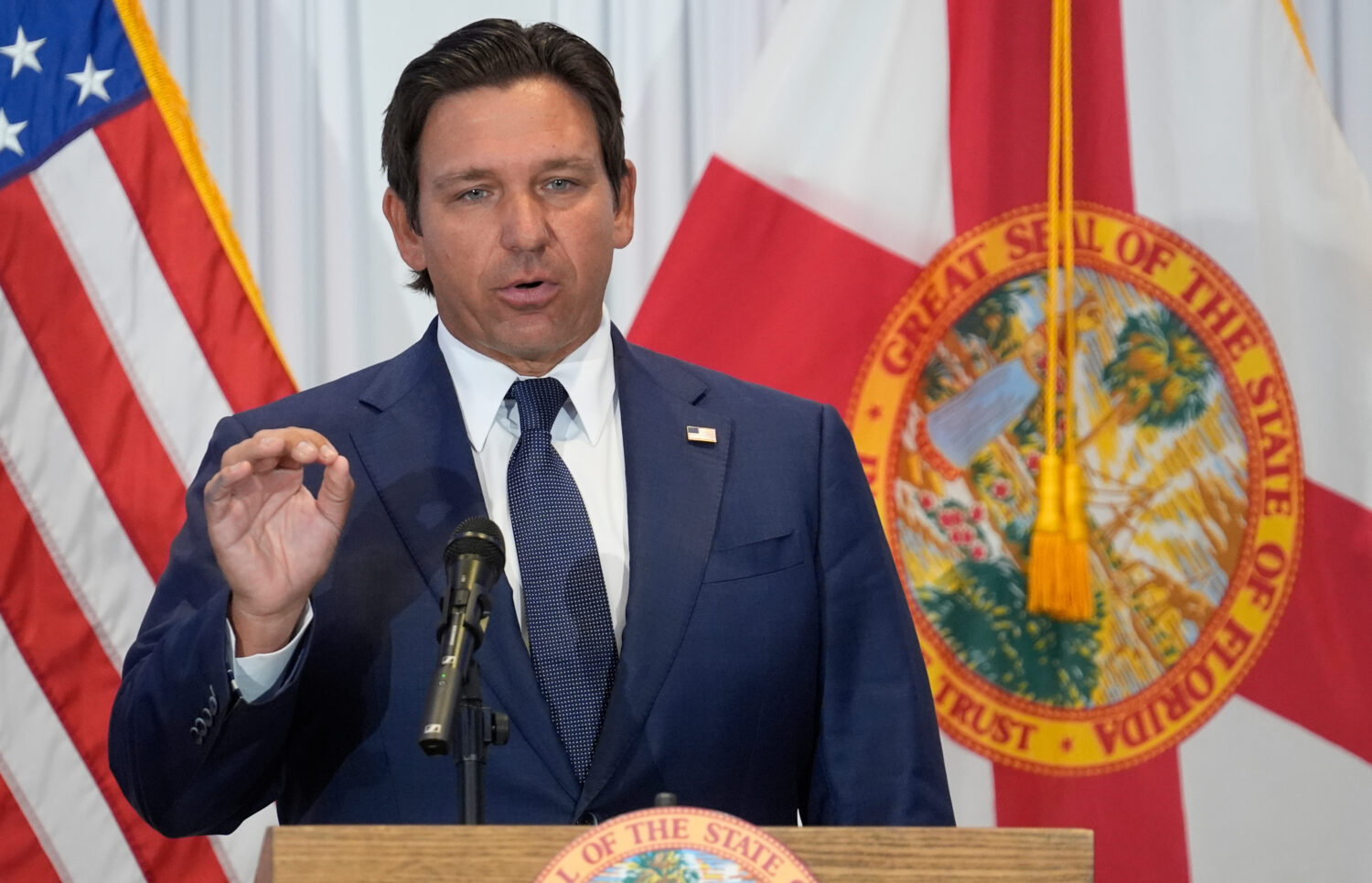 FILE - Florida Gov. Ron DeSantis during a news conference Tuesday, Aug. 12, 2025, in Tampa, Fla. (A...