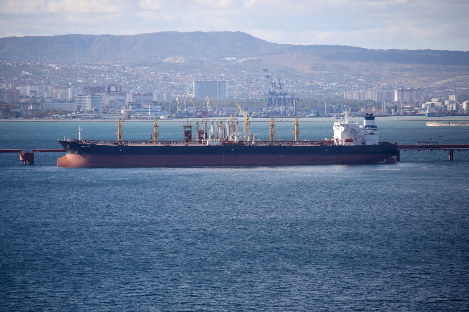 FILE - An oil tanker is moored at the Sheskharis complex, part of Chernomortransneft JSC, a subsidi...