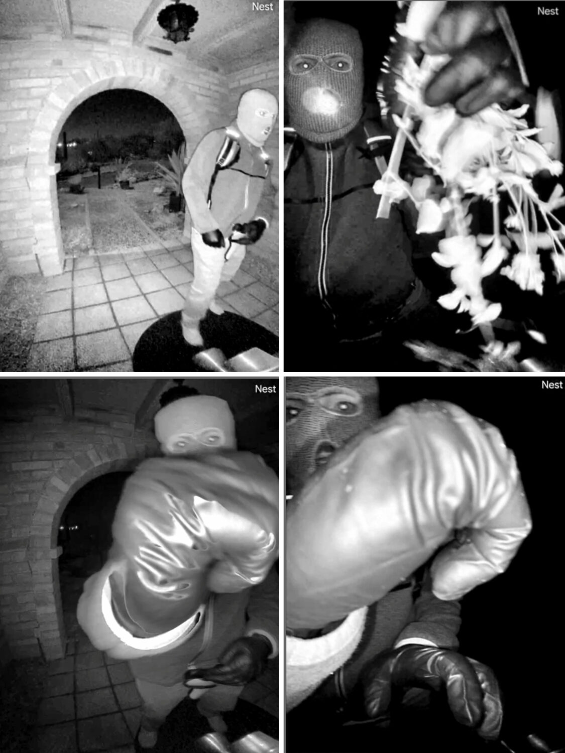 This combo from images provided by the FBI shows surveillance footage at the home of Nancy Guthrie ...
