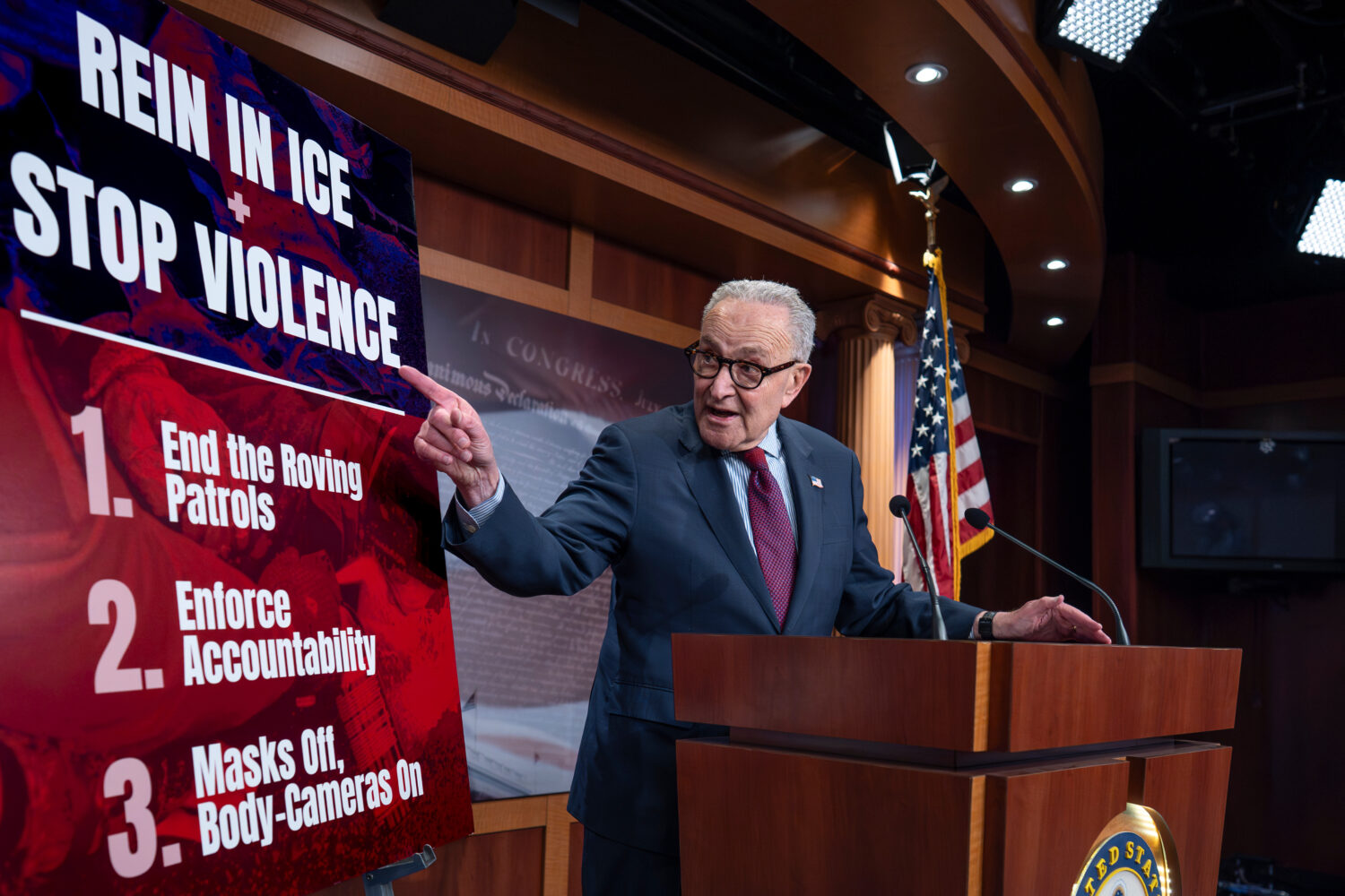 Senate Minority Leader Chuck Schumer, D-N.Y., speaks to reporters at the Capitol in Washington, Thu...