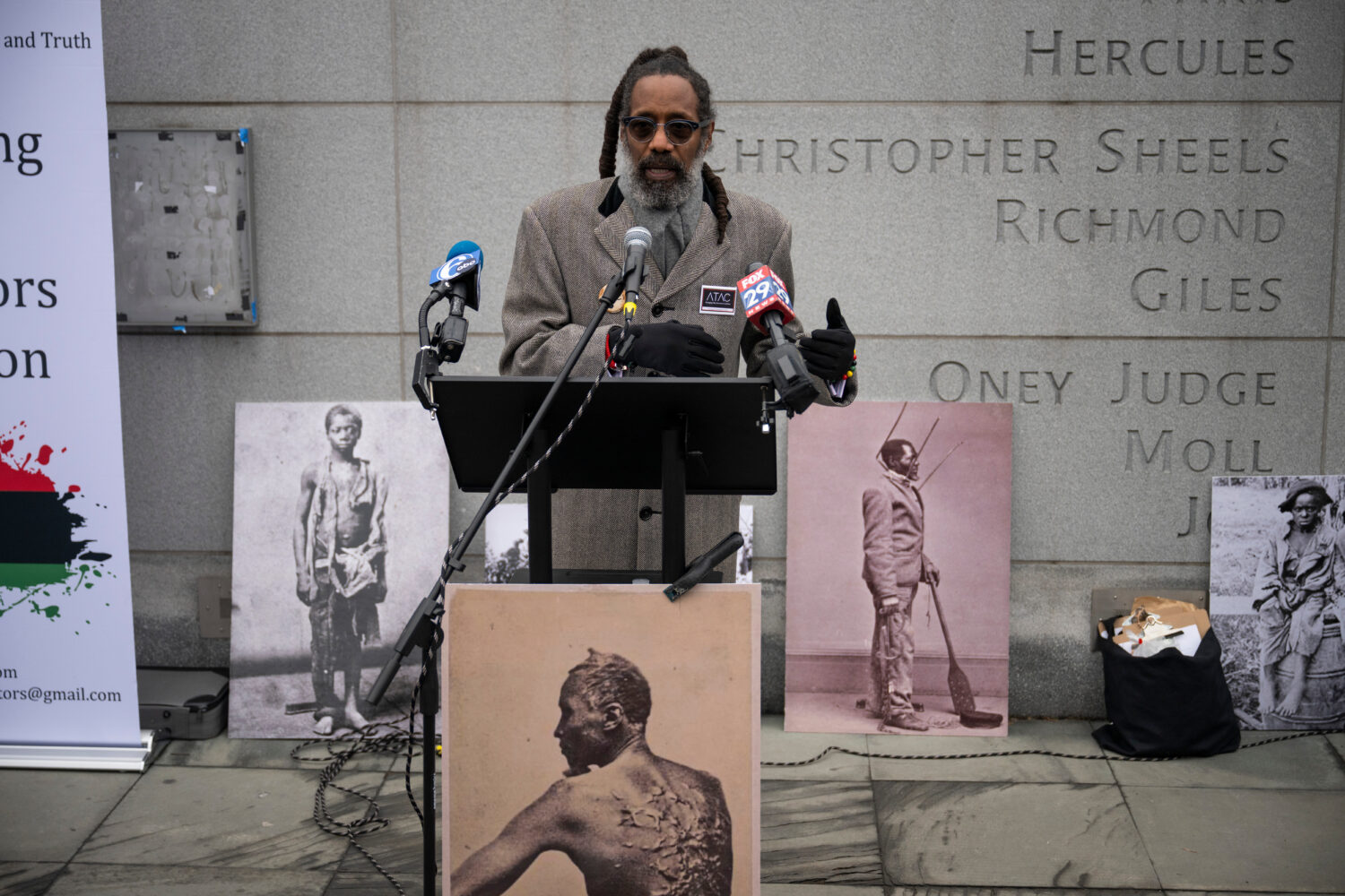 Attorney and founder of Avenging the Ancestors Coalition Michael Coard speaks during a rally celebr...