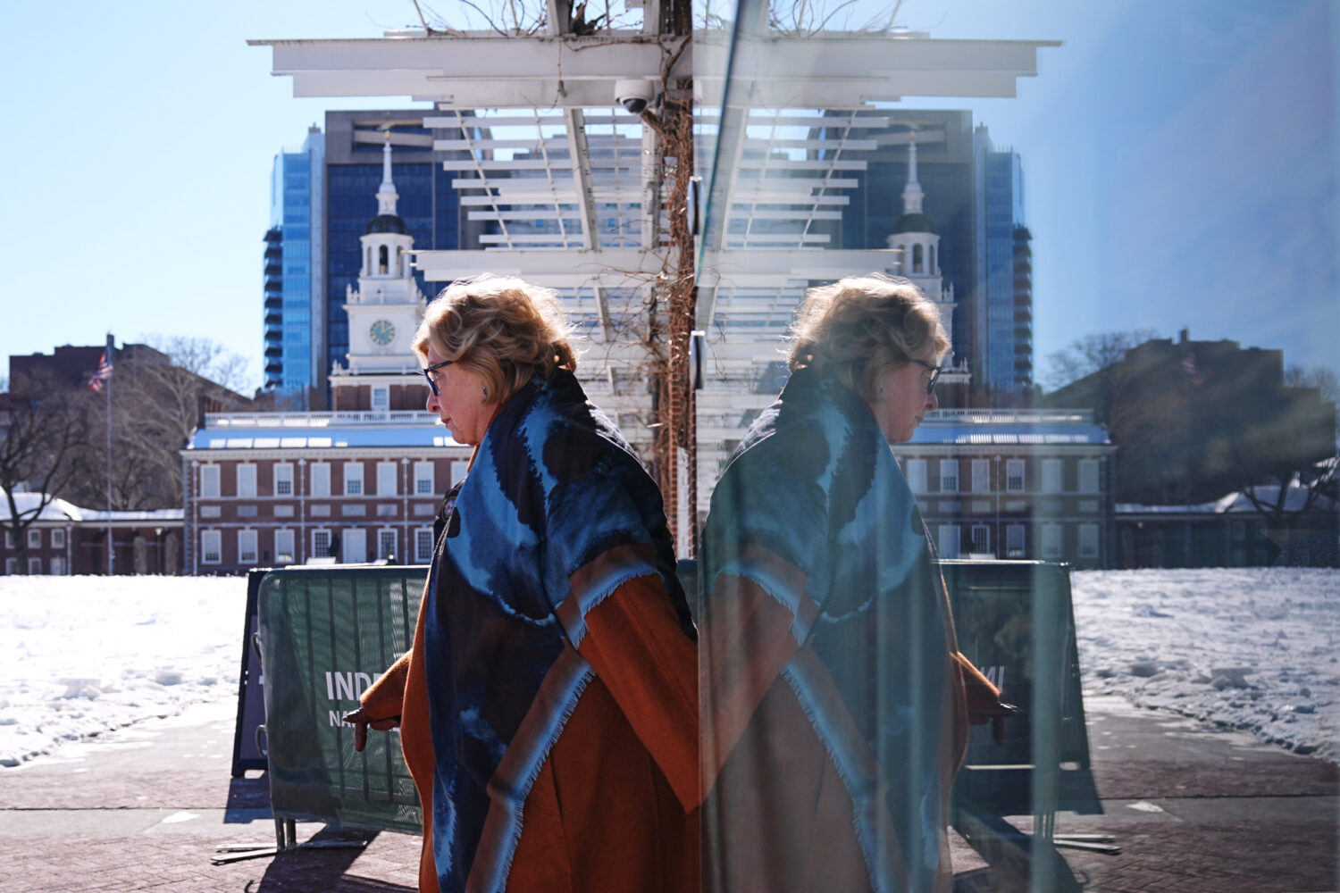 U.S. District Judge Cynthia Rufe, in view of Independence Hall, departs after inspecting the locati...