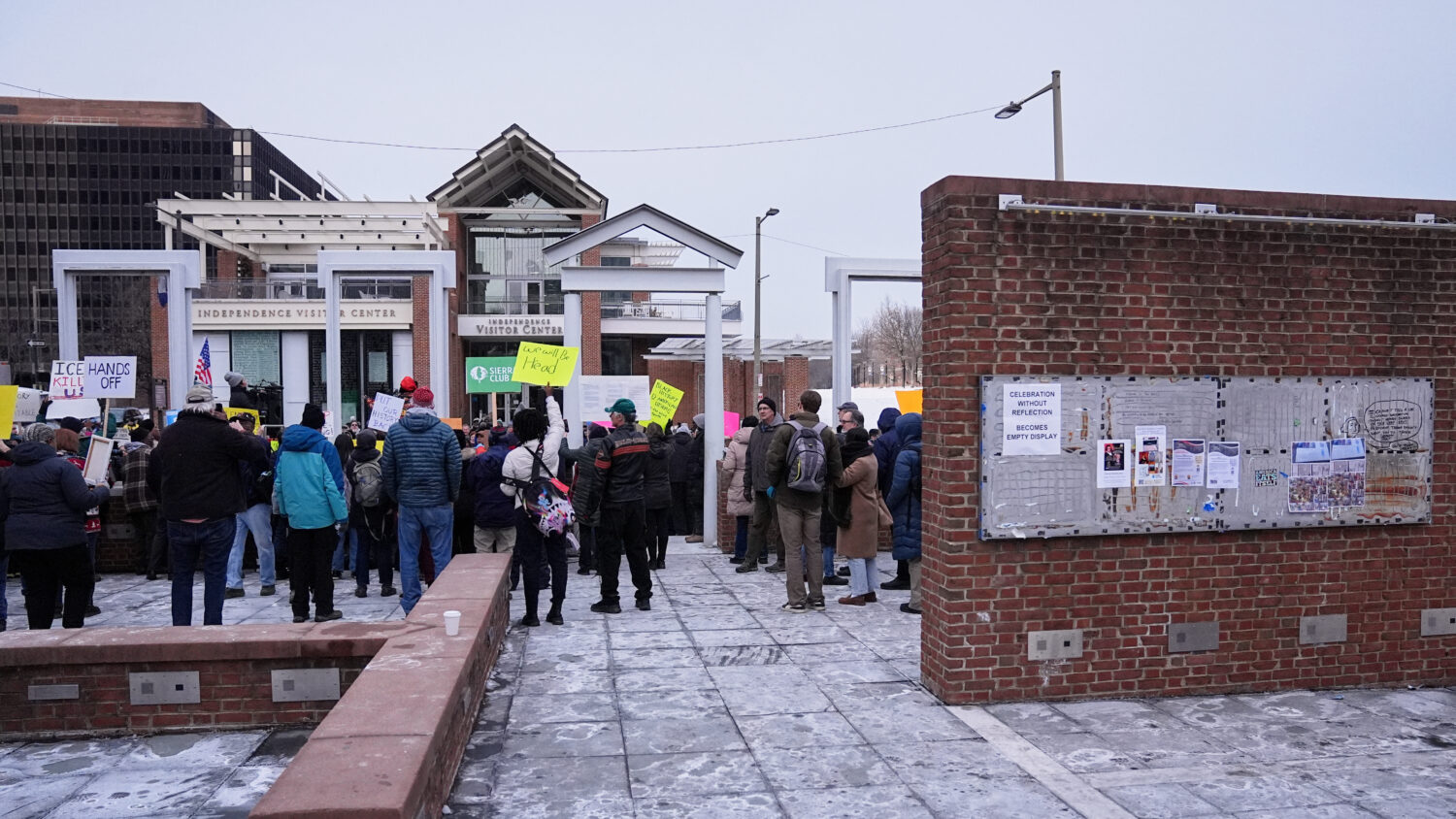 FILE - Demonstrators gather to protest removal of explanatory panels that were part of an exhibit o...