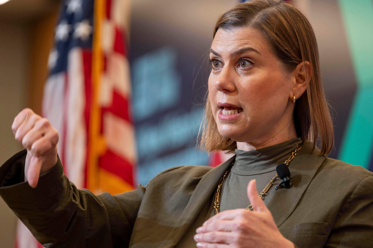 FILE - Sen. Elissa Slotkin, D-Mich., speaks at the Center for American Progress, June 26, 2025, in ...