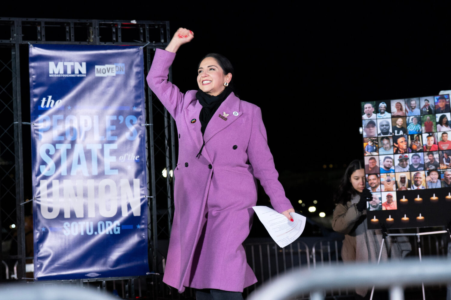 Rep. Delia Ramirez, D-Ill., speaks at the "People's State of the Union" rally outside of the U.S. C...