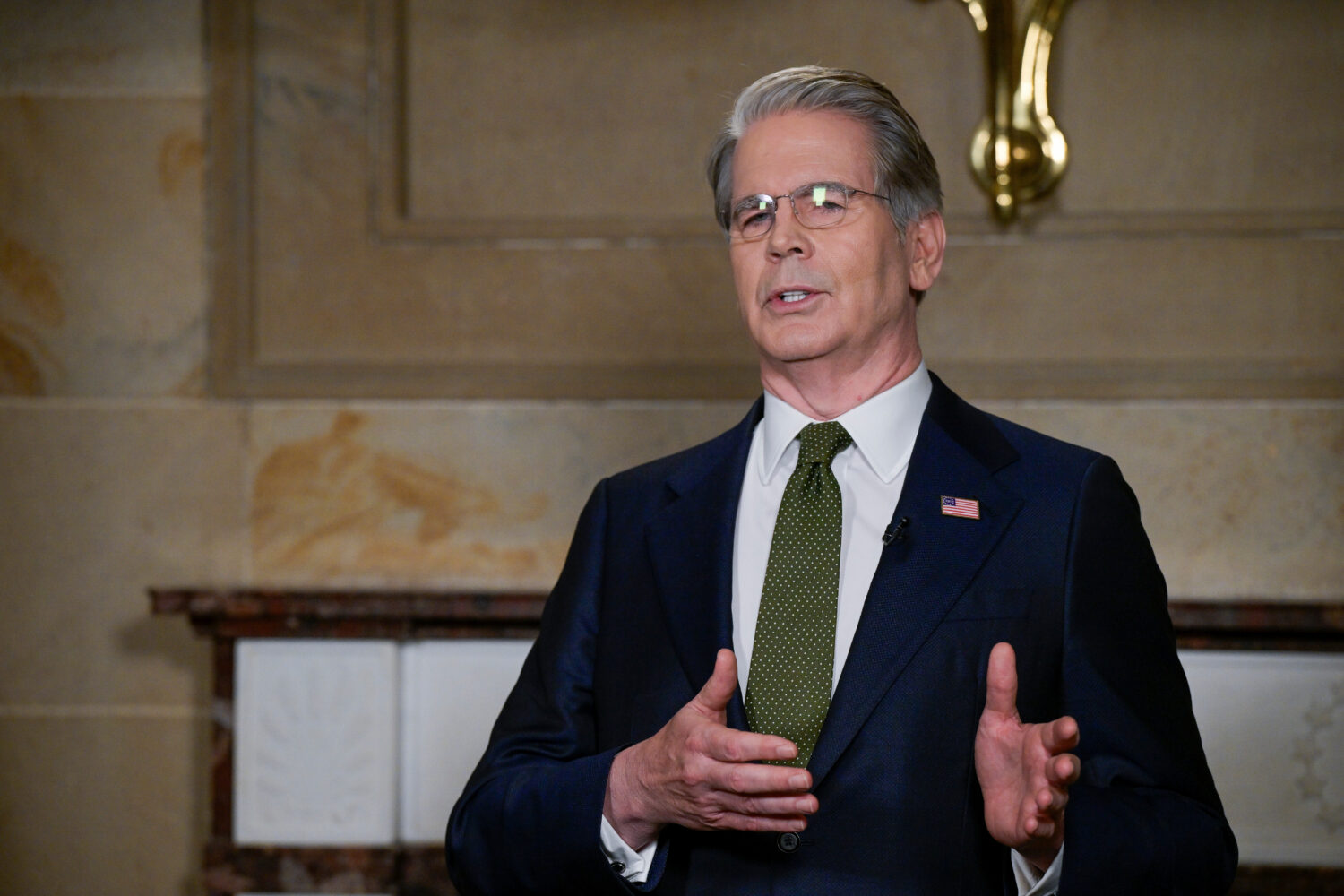 Secretary of the Treasury Scott Bessent speaks during an interview following President Donald Trump...