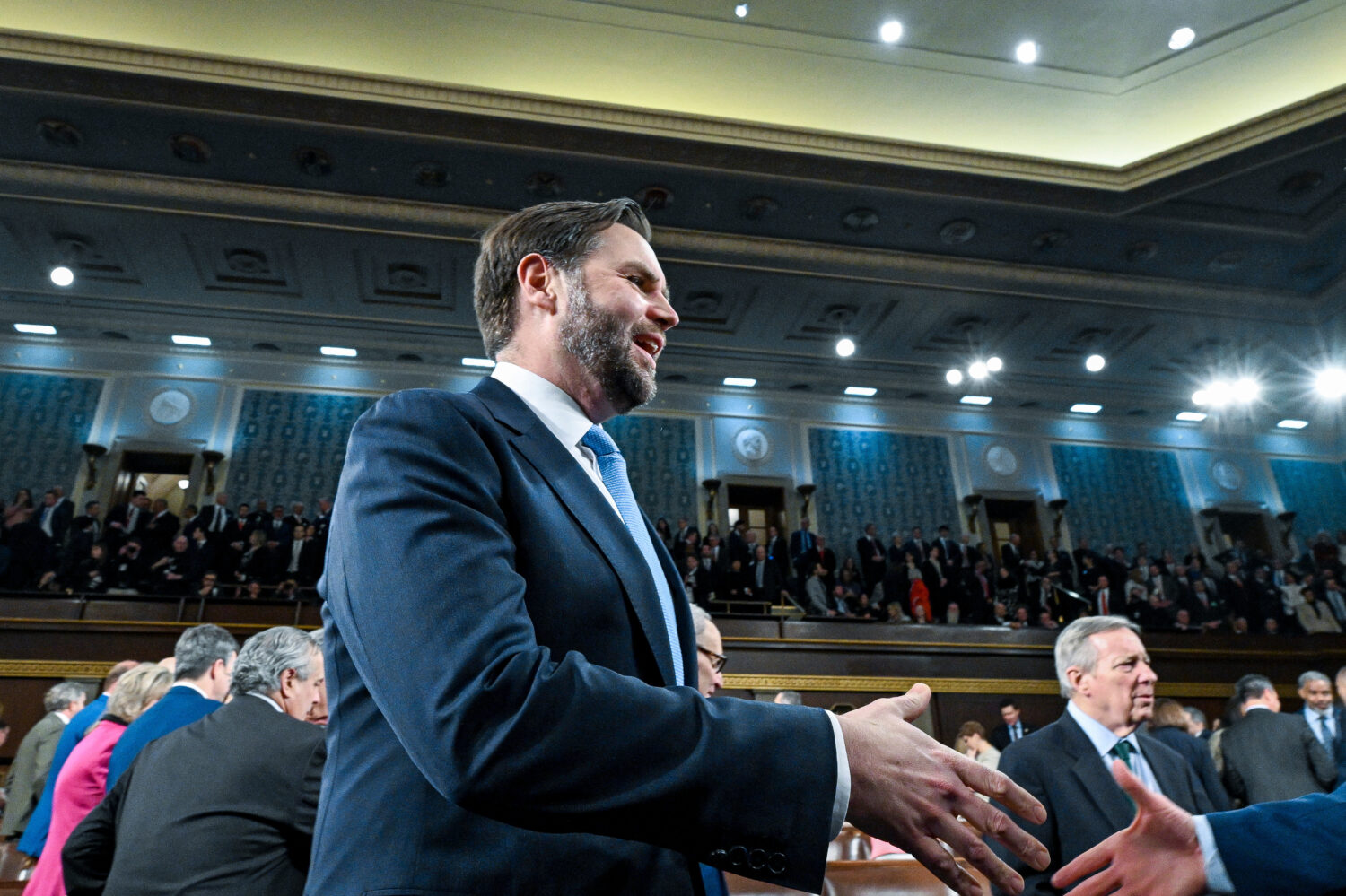 Vice President JD Vance arrives before President Donald Trump delivers the State of the Union addre...