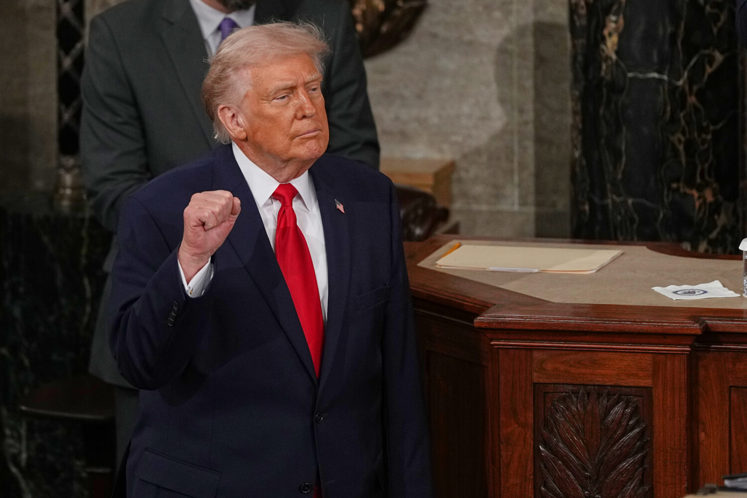 President Donald Trump gestures after delivering the State of the Union address to a joint session ...
