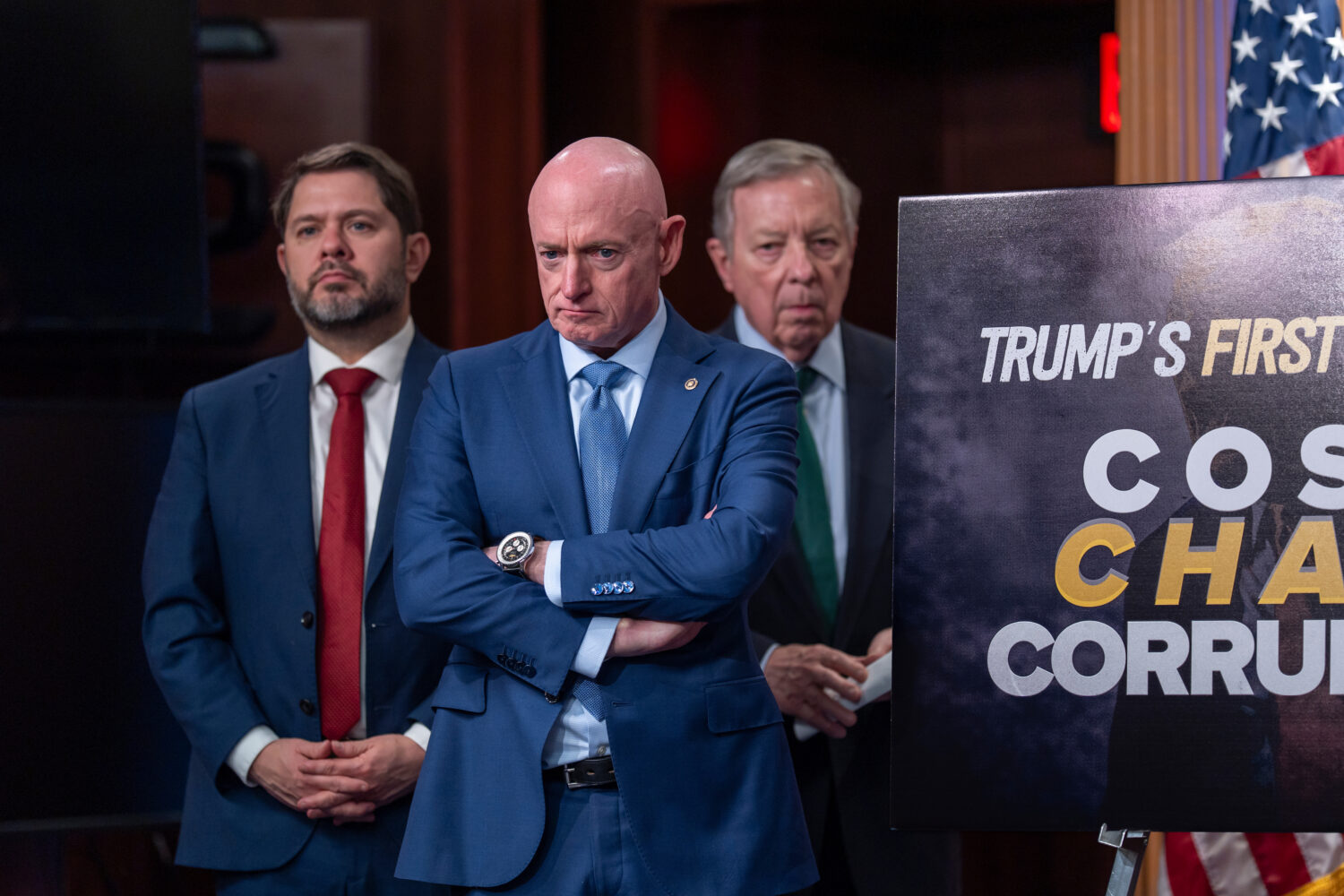 From left, Sen. Ruben Gallego D-Ariz., Sen. Mark Kelly, D-Ariz., and Senate Minority Whip Dick Durb...