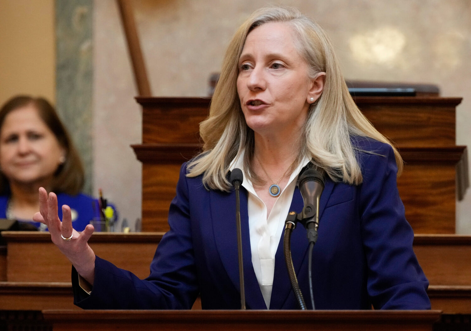 FILE - Virginia Gov. Abigail Spanberger delivers her State of the Commonwealth address before a joi...