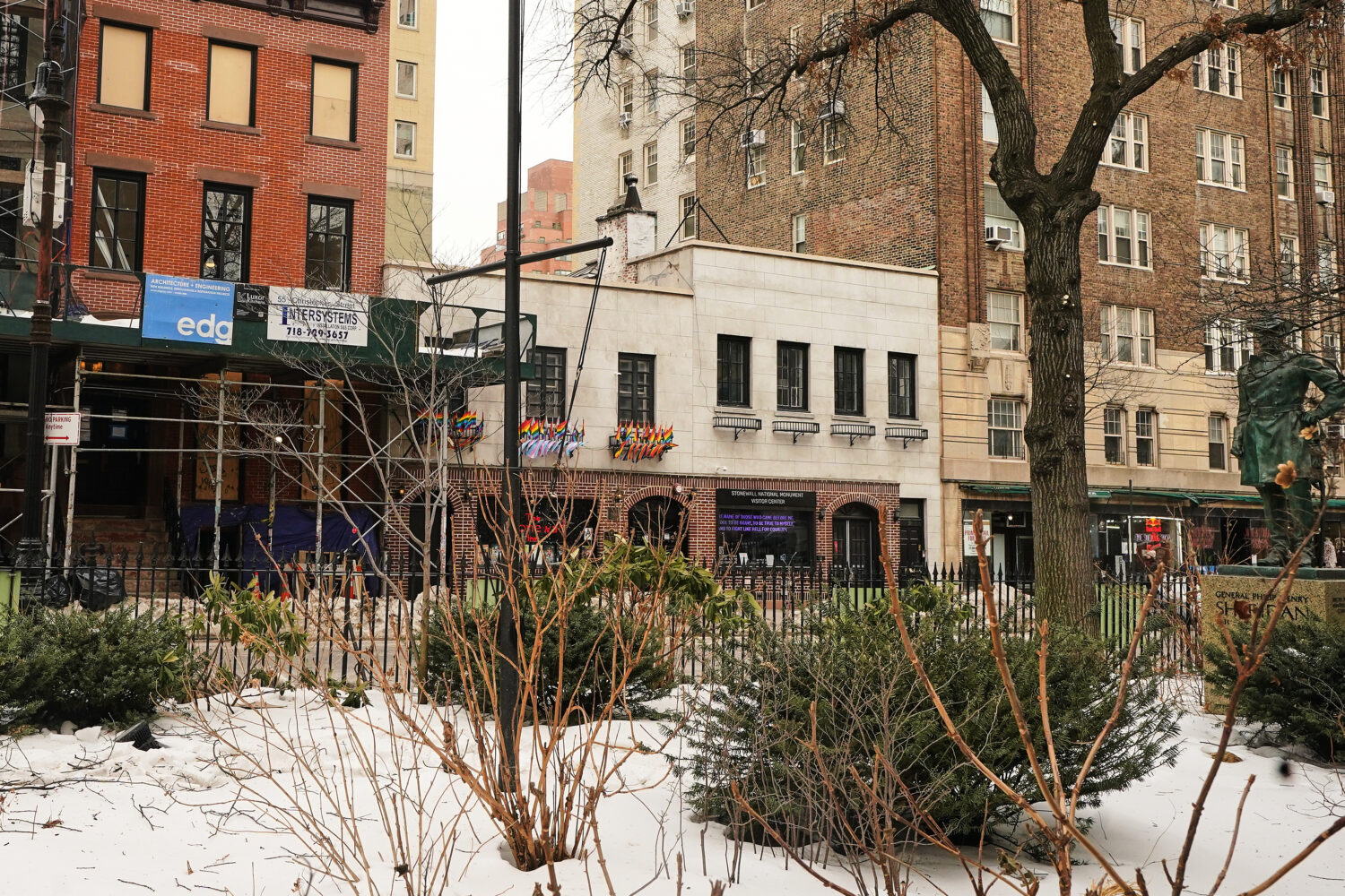 The Trump administration has stopped flying a rainbow flag on the pole, center, in the Stonewall Na...