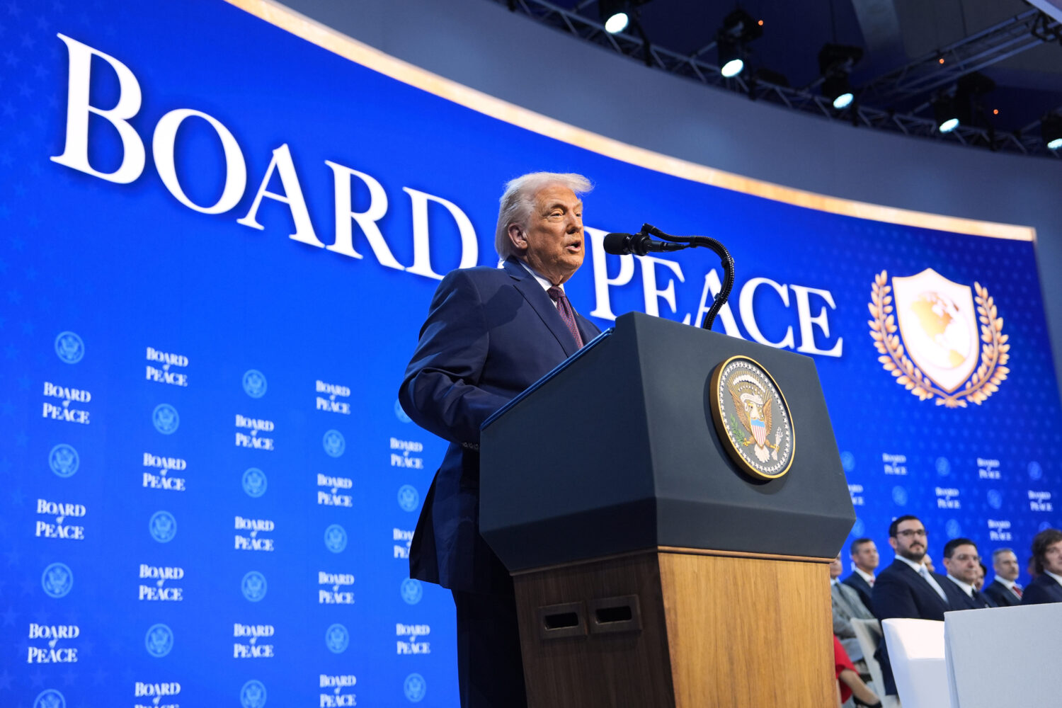 President Donald Trump speaks during a Board of Peace charter announcement during the Annual Meetin...