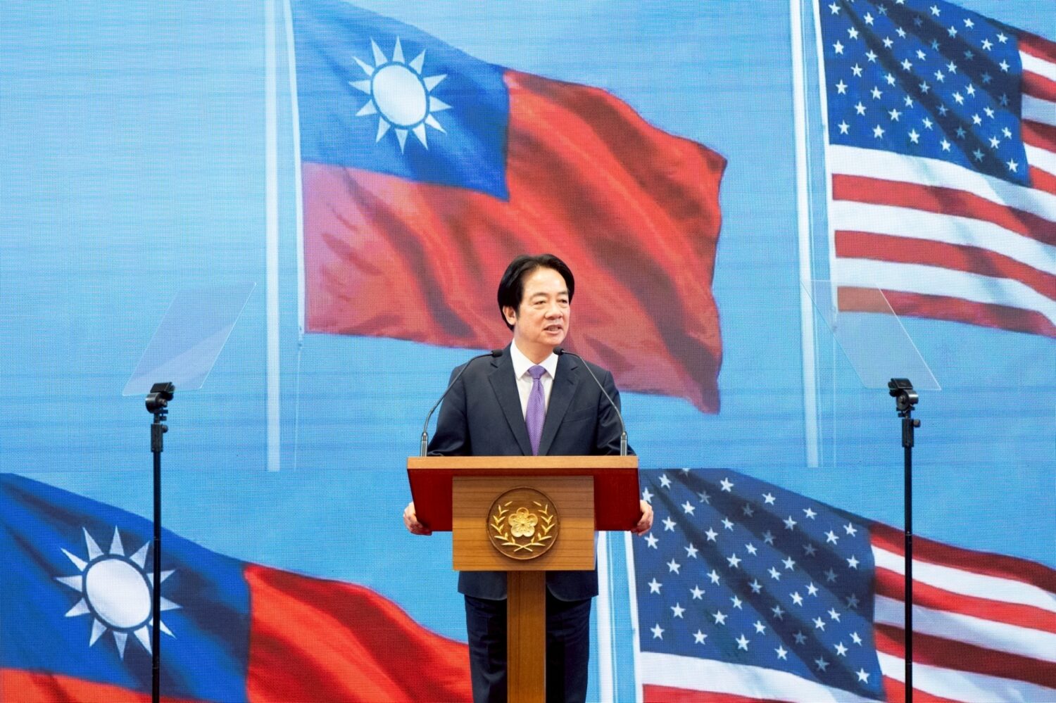In this photo released by the Taiwan Presidential Office, Taiwan's President Lai Ching-te speaks du...