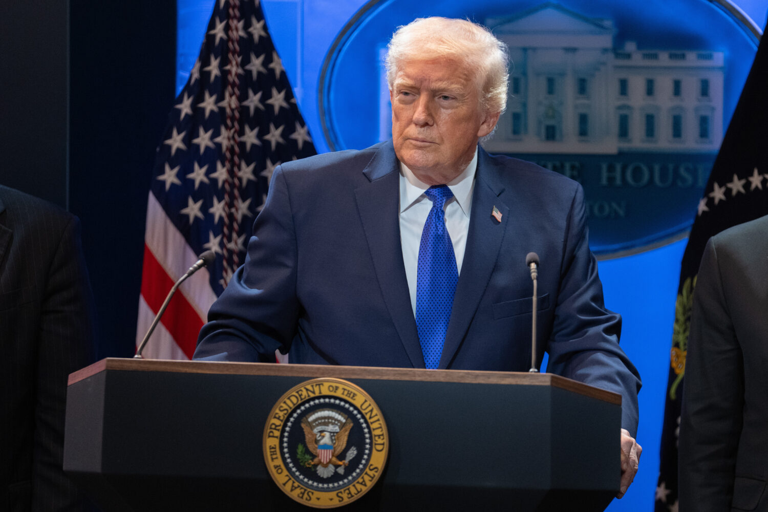 President Donald Trump speaks during a press briefing at the White House, Friday, Feb. 20, 2026, in...