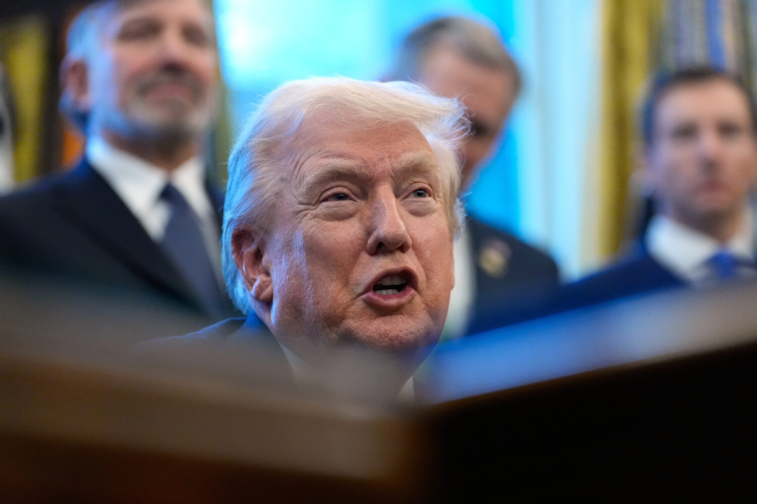 President Donald Trump speaks in the Oval Office of the White House, Monday, Feb. 2, 2026, in Washi...