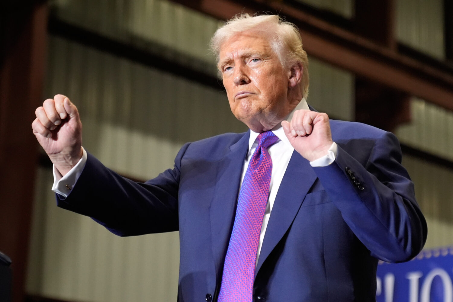 President Donald Trump dances after speaking at Coosa Steel Corporation in Rome, Ga., Thursday, Feb...