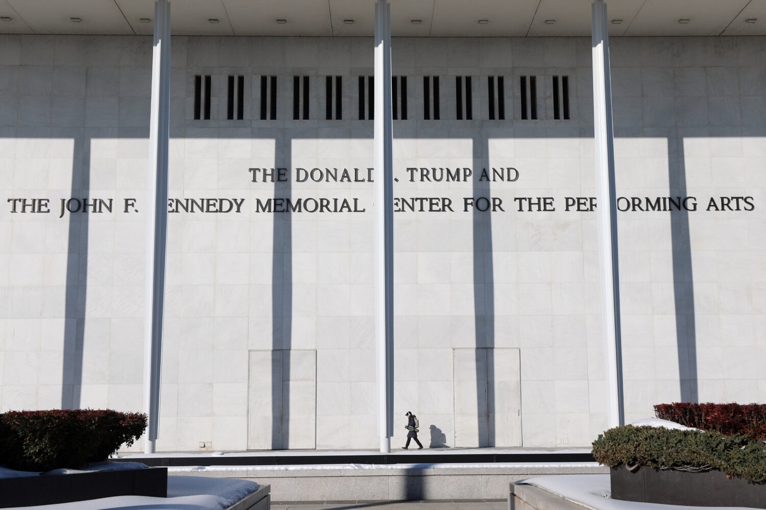 A woman walks outside The John F. Kennedy Memorial Center For The Performing Arts, Monday, Feb. 2, ...