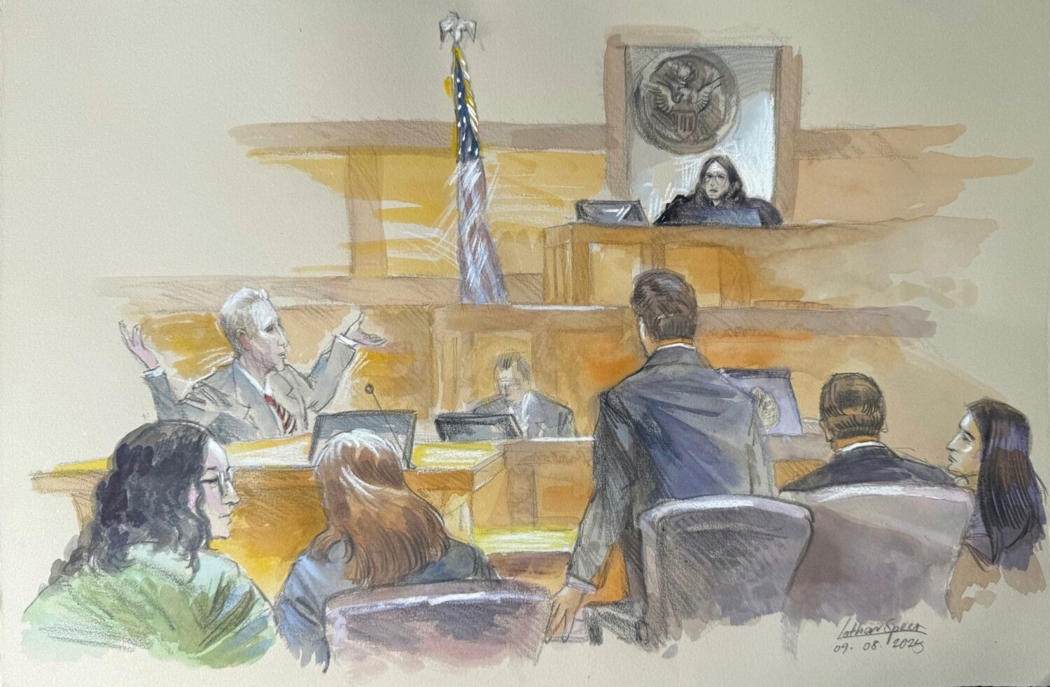 FILE - This courtroom sketch shows Ryan Routh, left, throwing his arms up directed at U.S. District...