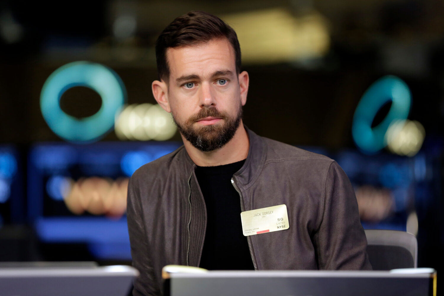 File- This photo taken Nov. 19, 2015, shows Square CEO Jack Dorsey being interviewed on the floor o...