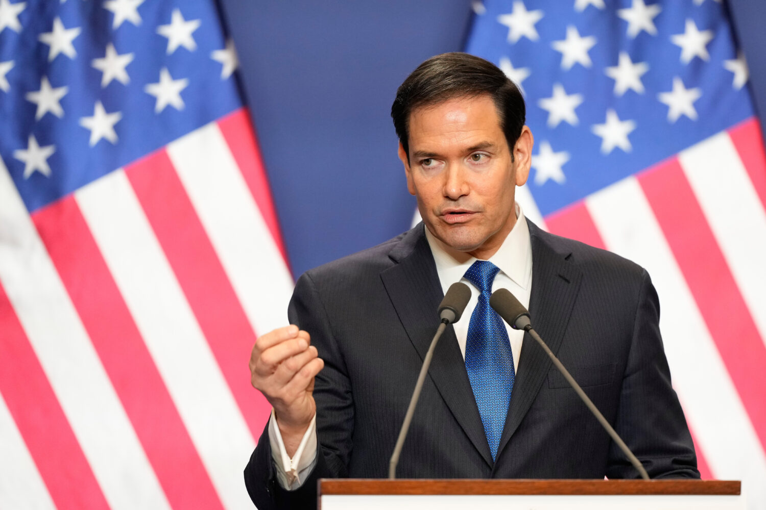 U.S. Secretary of State Marco Rubio speaks during a joint news conference with Hungary's Prime Mini...