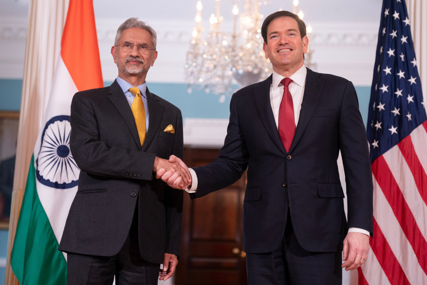 Secretary of State Marco Rubio, right, shakes hands with India's External Affairs Minister Subrahma...