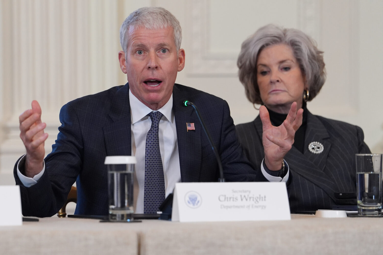 FILE - Energy Secretary Chris Wright speaks as White House chief of staff Susie Wiles listens durin...