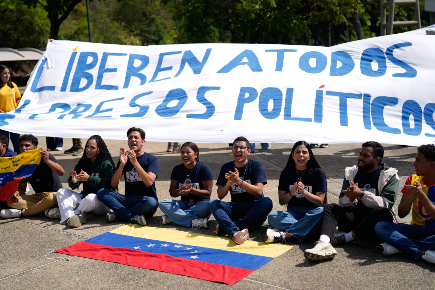 University students rally to demand the release of political prisoners in Caracas, Venezuela, Tuesd...