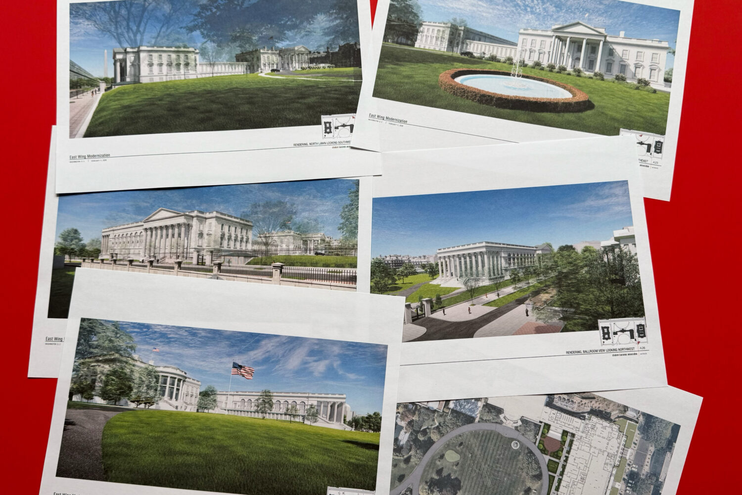 Artist renderings and diagrams of the new White House East Wing and Ballroom, briefly posted on the...