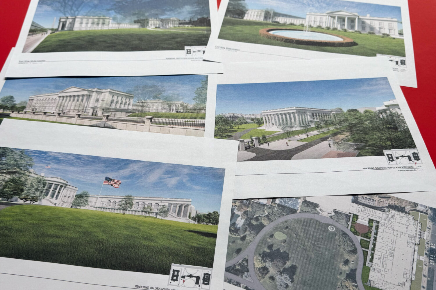 Artist renderings and diagrams of the new White House East Wing and Ballroom, briefly posted on the...