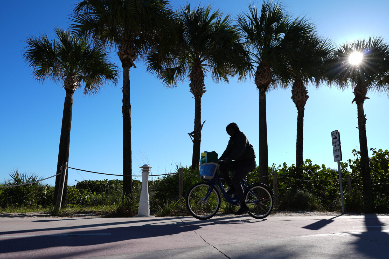 A bicyclist braves the cold temperatures Monday, Feb. 2, 2026, in Miami Beach, Fla. (AP Photo/Marta...