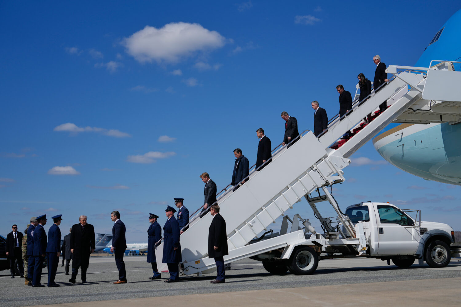 President Donald Trump arrives with Defense Secretary Pete Hegseth, Chairman of the Joint Chiefs of...