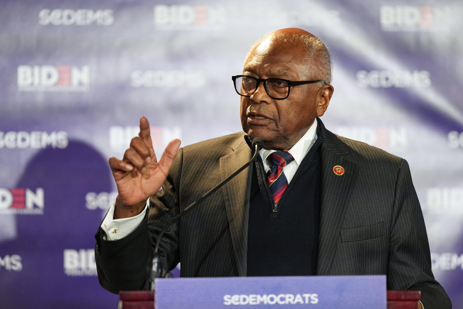 Rep. Jim Clyburn, D-S.C., speaks ahead of former President Joe Biden, Friday, Feb. 27, 2026, in Col...