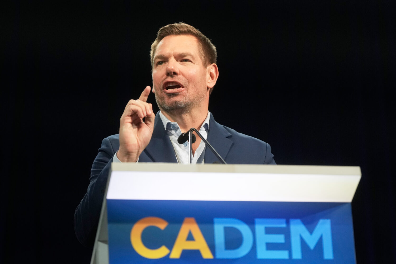 California gubernatorial candidate Eric Swalwell speaks at the 2026 California Democratic Party Sta...