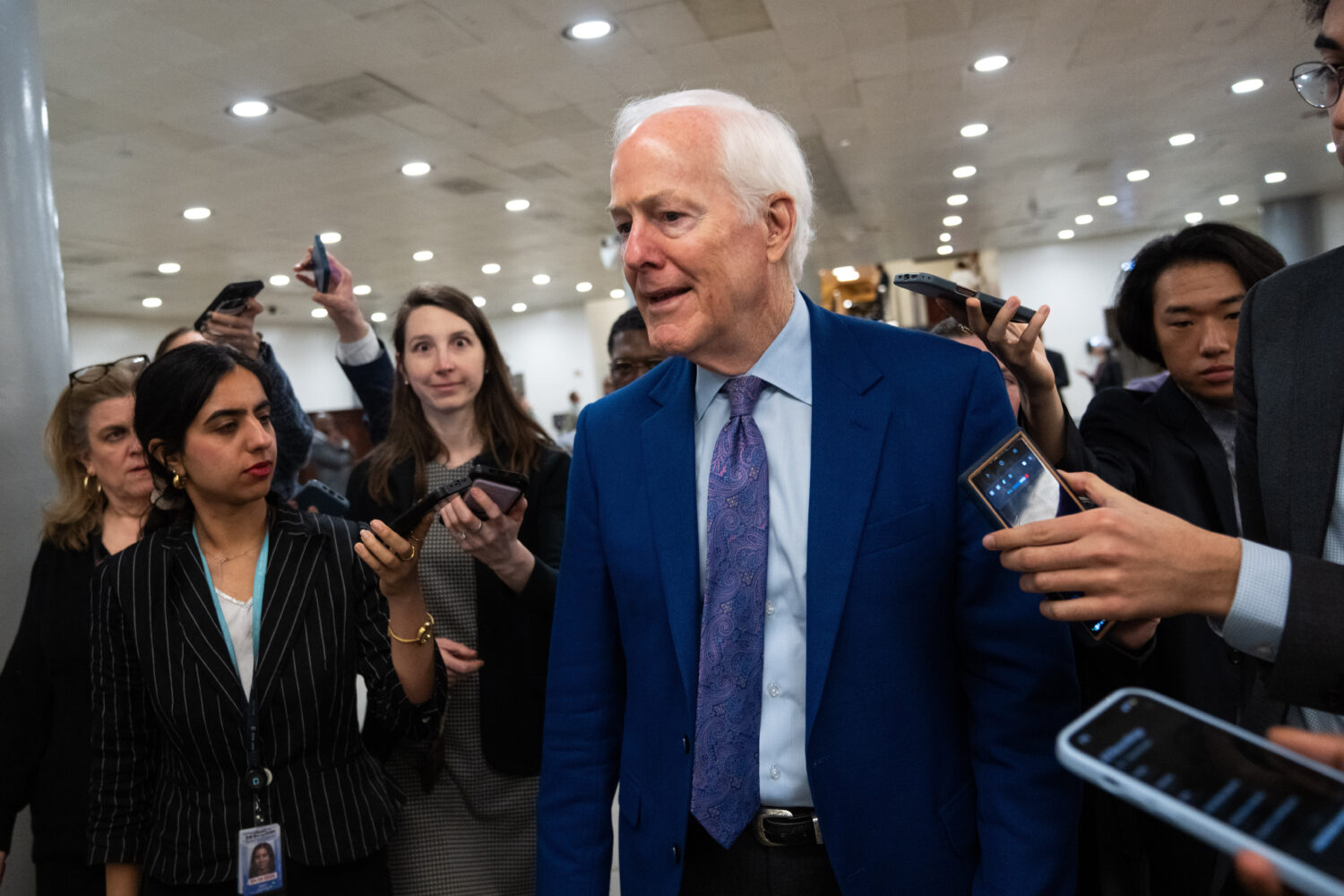 Sen. John Cornyn, R-Texas, departs following votes at the Capitol, Thursday, March 5, 2026, in Wash...