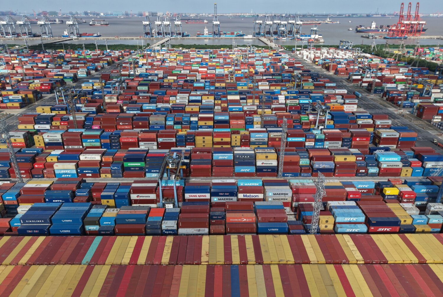 An aerial view of a container terminal in seen in Shanghai, Tuesday, March 10, 2026. (Chinatopix vi...