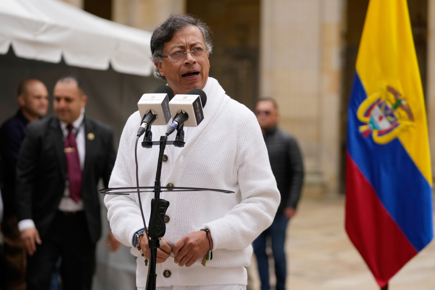 Colombia's President Gustavo Petro speaks after voting during legislative elections in Bogota, Colo...