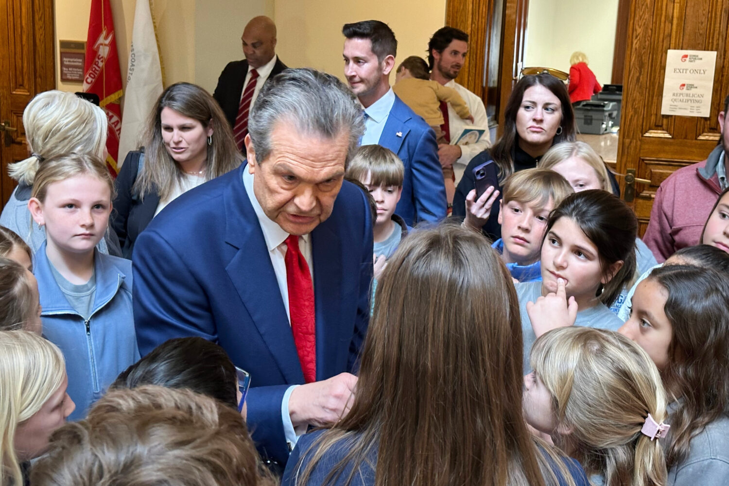 Republican Rick Jackson speaks to schoolchildren after qualifying to run for governor on Friday, Ma...