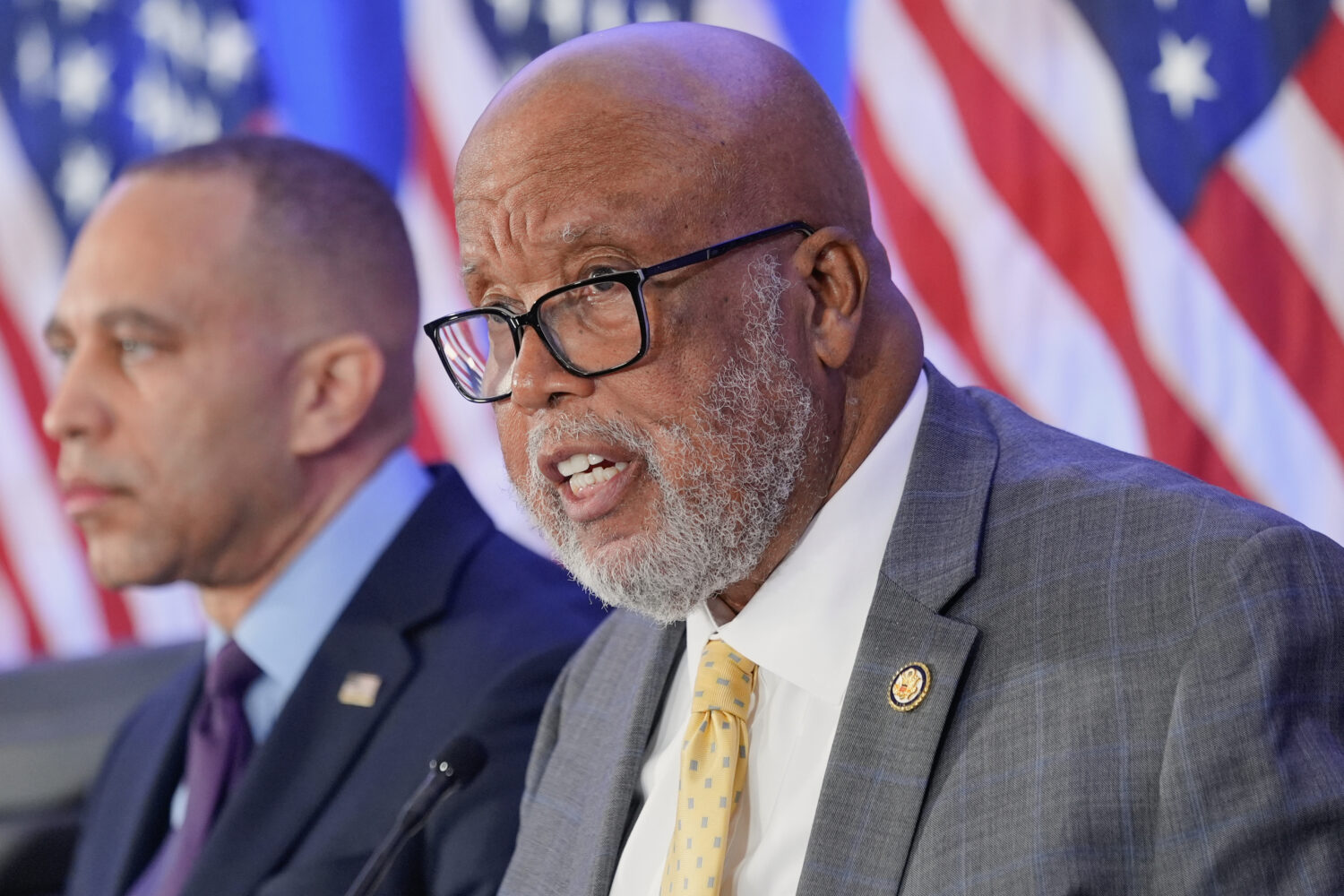 FILE - Rep. Bennie Thompson, D-Miss., right speaks as House Minority Leader Hakeem Jeffries, D-N.Y....