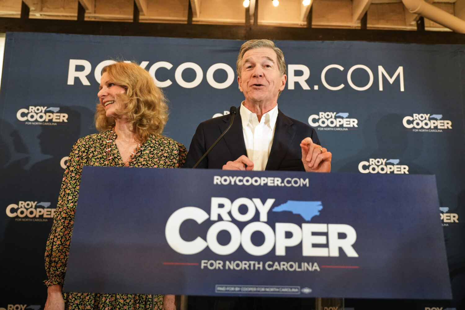 North Carolina Democratic Senate candidate former Gov. Roy Cooper speaks at a primary election nigh...