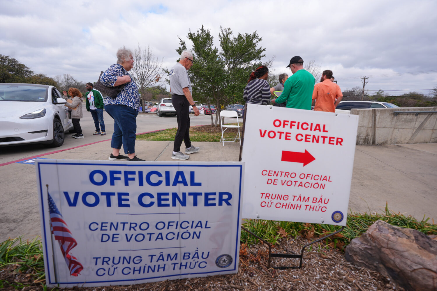 Primary voters arrive to cast ballots at an official vote center in Dallas, Tuesday, March 3, 2026....