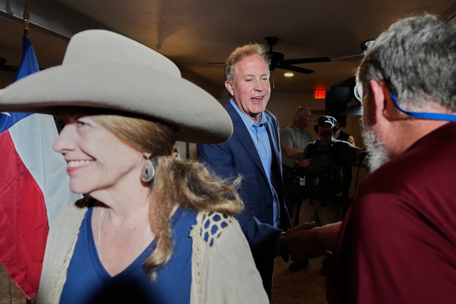 Texas Attorney General Ken Paxton, a Republican candidate for the U.S. Senate, greets supporters du...