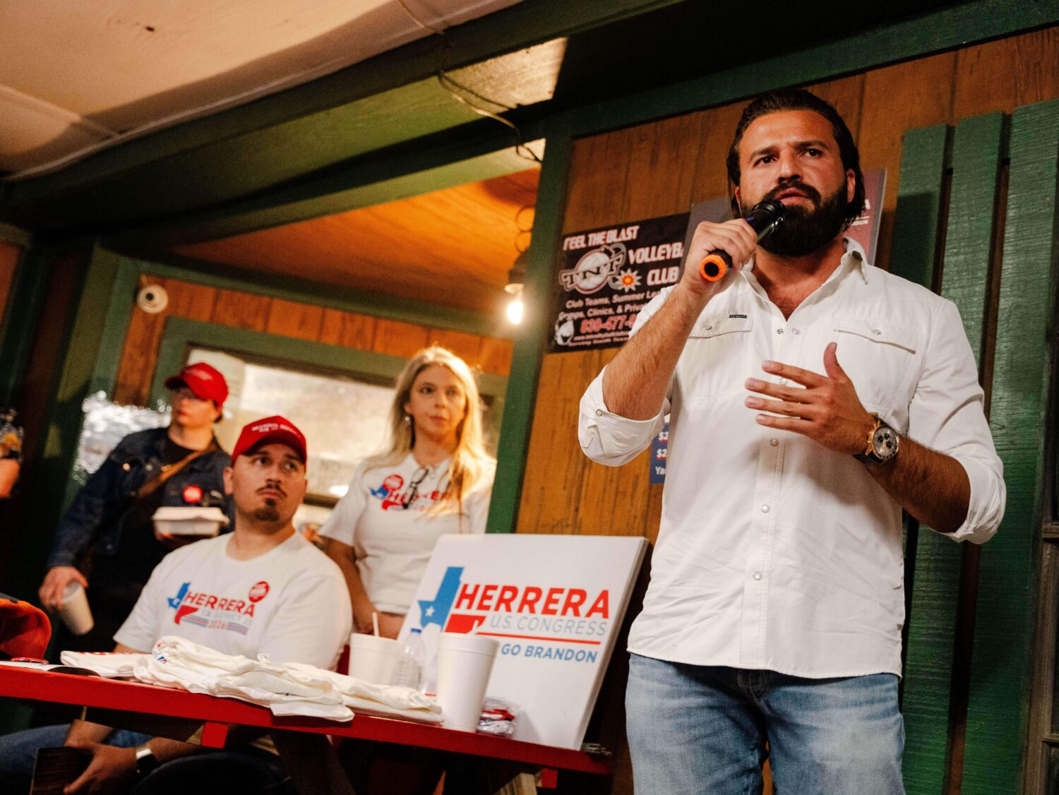Brandon Herrera, a Republican congressional candidate for Texas' 23rd District, speaks during an ev...