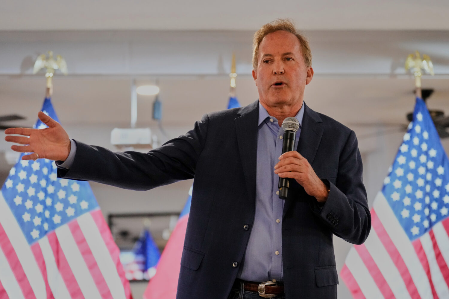 Texas Attorney General Ken Paxton, a Republican candidate for the U.S. Senate, addresses supporters...