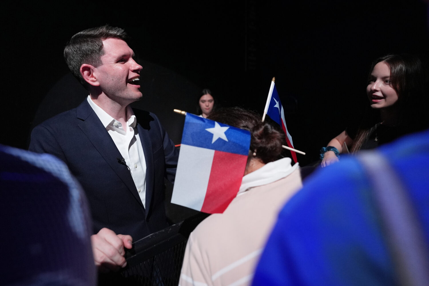 Texas Democratic Senate candidate Texas state Rep. James Talarico, D-Austin, meets with attendees a...